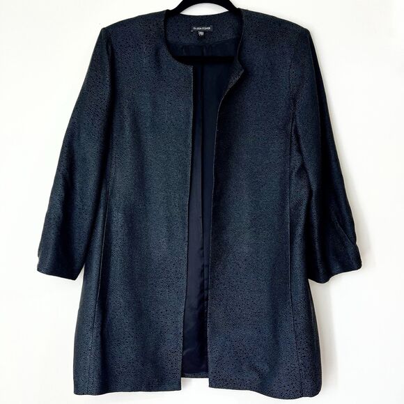 Eileen Fisher Silk Textured Black Jacket Open Front 3/4 Sleeves Women’s S - Picture 1 of 11